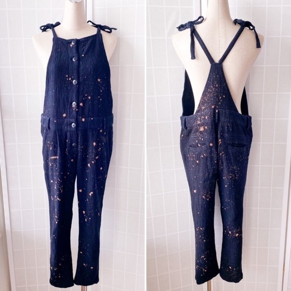 Boho Black & Bleached Splattered Woven Button Front Jumpsuit - Picture 5 of 16